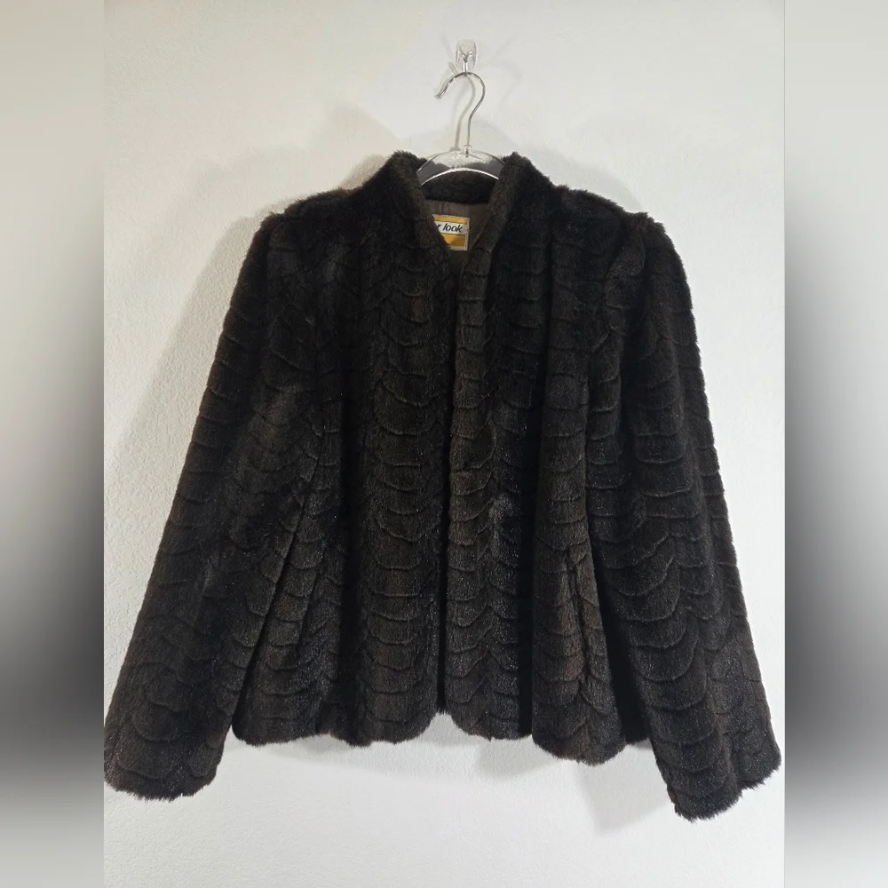 Vintage dark brown faux fur retro fancy elegant formal plush textured coat